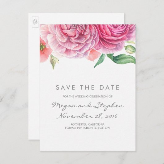 Rosa Blume Elegant und romantisch Save the Date Ankündigungspostkarte (Vorne/Hinten)