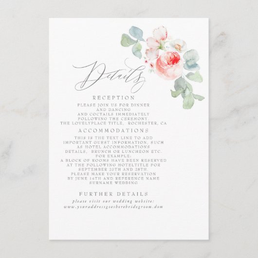 Rosa Blume Elegante Hochzeitsinformationen Begleitkarte (Vorderseite)