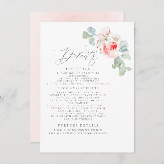 Rosa Blume Elegante Hochzeitsinformationen Begleitkarte (Vorne/Hinten)