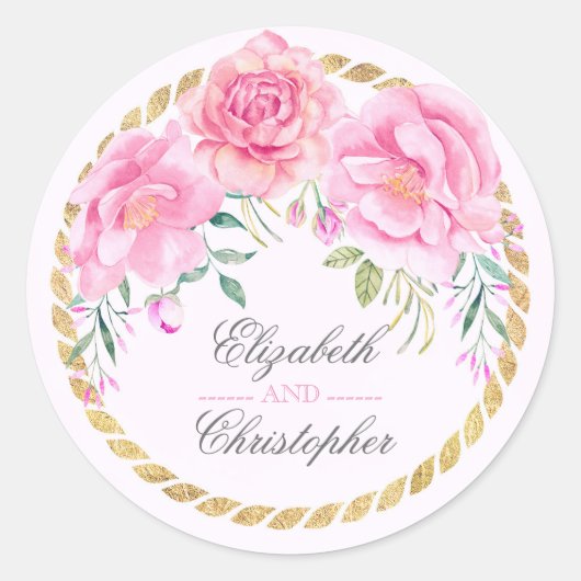 Rosa Blume Elegante Wasserfarben Goldwrap Hochzeit Runder Aufkleber (Vorderseite)