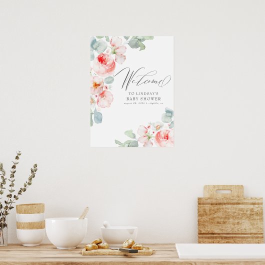 Rosa Blume Elegantes Baby Dusche Begrüßungszeichen Poster (Küche)