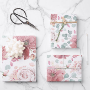 Rosa Blume Elegantes botanisches Muster Geschenkpapier Set