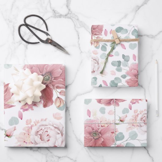 Rosa Blume Elegantes botanisches Muster Geschenkpapier Set (Vorderseite)