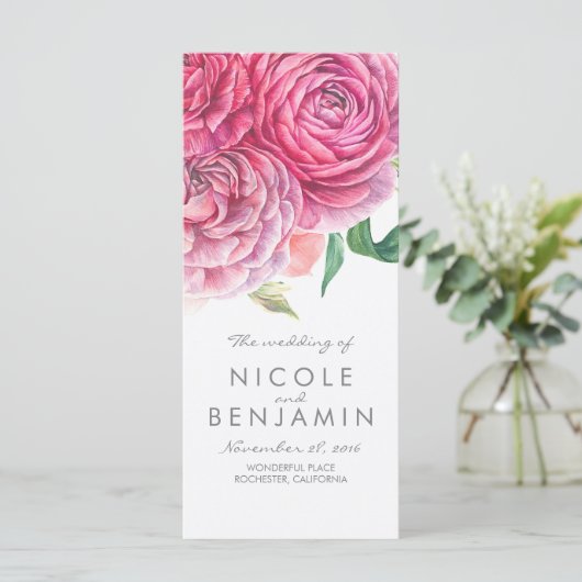 Rosa Blume Elegantes Hochzeitsprogramm für Wasserf Programm (Stehend Vorderseite)