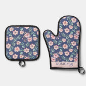 Rosa Blume Elegantes Muster Ofenhandschuh & Topflappen-Set (Vorderseite)