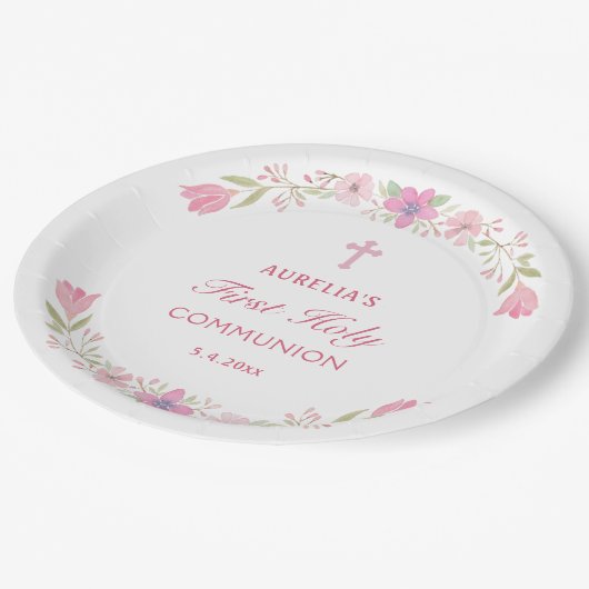 Rosa Blume Erste Kommunalrunde Pappteller (Schrägansicht)