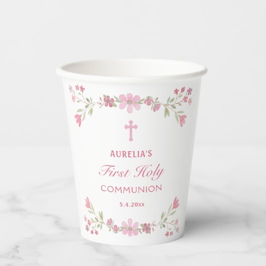 Rosa Blume Erste Kommune Pappbecher (Vorderseite)