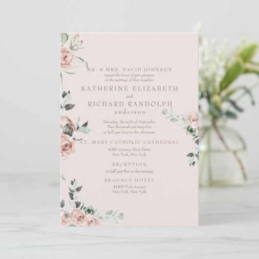 Rosa Blume Eukalyptus 2 Blütenhochzeit Einladung (Stehend Vorderseite)