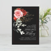 Rosa Blume Eukalyptus Black Wedding Einladung (Stehend Vorderseite)