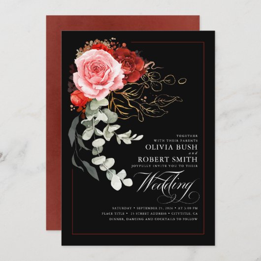 Rosa Blume Eukalyptus Black Wedding Einladung (Vorne/Hinten)
