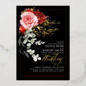 Rosa Blume Eukalyptus Black Wedding Folieneinladung (Vorderseite)