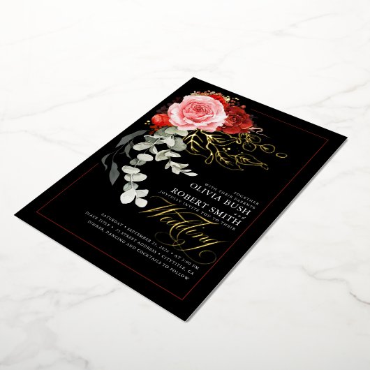 Rosa Blume Eukalyptus Black Wedding Folieneinladung (Gedreht)