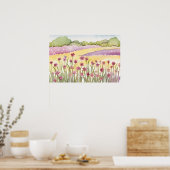 Rosa Blume Feld Sonnenuntergang Malerei Aquarell Poster (Küche)