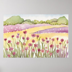 Rosa Blume Feld Sonnenuntergang Malerei Aquarell Poster