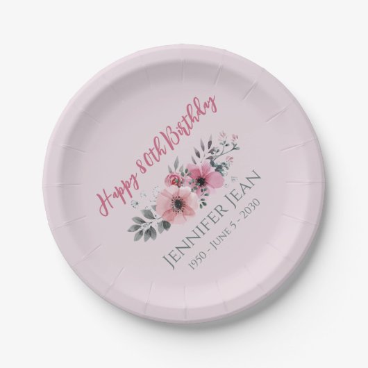 Rosa Blume Floral 80. Geburtstag Paper Teller (Vorderseite)