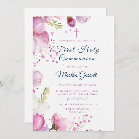 Rosa Blume Floral Daughter Erste Heilige Kommune Einladung (Vorne/Hinten)