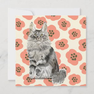 Rosa Blume Floral Wasserfarbe Grau Maine Coon Cat
