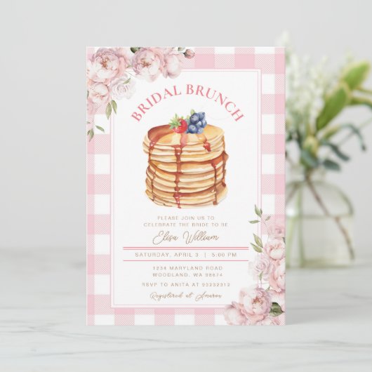 Rosa Blume Fruchtpancake Brautparty Brunch Einladung (Stehend Vorderseite)