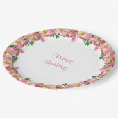 Rosa Blume Garland auf White Happy Birthday Pappteller (Schrägansicht)