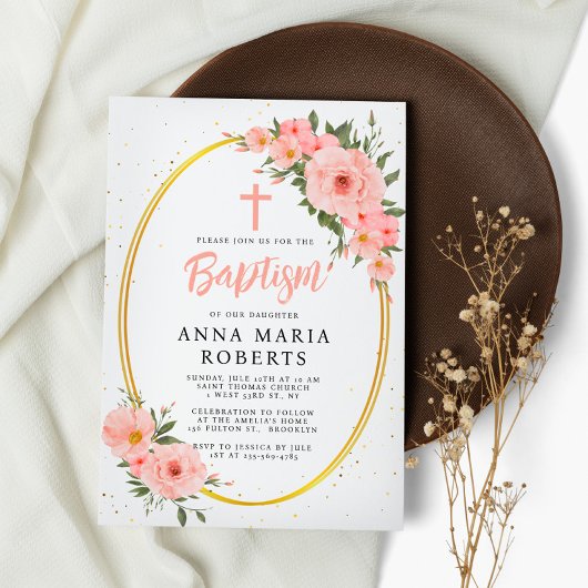 Rosa Blume Girl Baptisse Einladung
