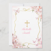 Rosa Blume Girl Butterfly Erste Heilige Kommune Einladung (Rückseite)