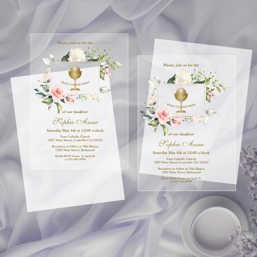 Rosa Blume Girl Holy Communion Acryleinladungen