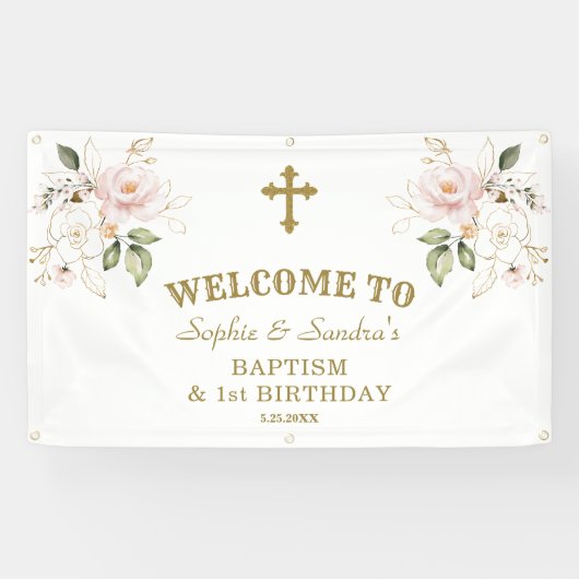 Rosa Blume Girls Twins 1. Geburtstag Begrüßungszei Banner (Horizontal)