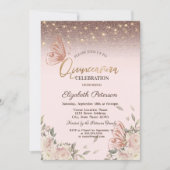 Rosa Blume Glitzer Schmetterlinge Quinceañera Einladung (Vorderseite)