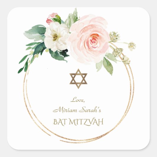 Rosa Blume Gold Bat Mitzvah Quadratischer Aufkleber (Vorderseite)