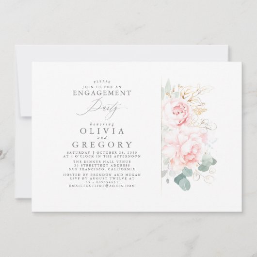 Rosa Blume Gold Blätter Elegante Engagement Party Einladung (Vorderseite)