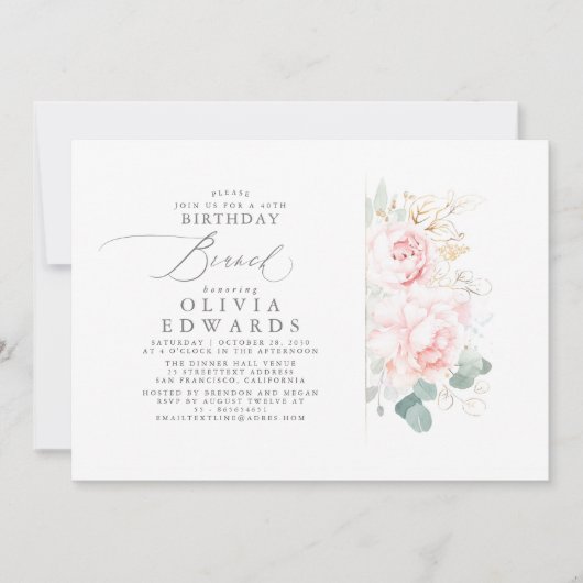 Rosa Blume Gold Blätter Elegantes Brunch Einladung (Vorderseite)