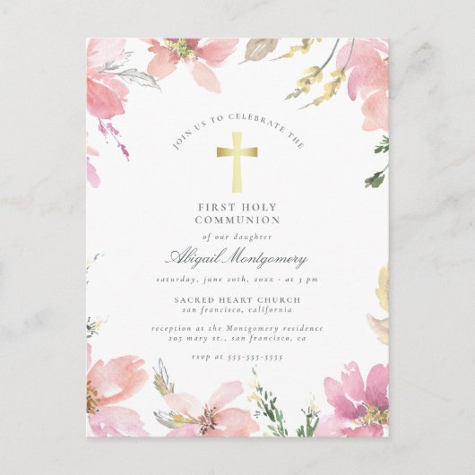 Rosa Blume Gold Cross Erste Heilige Kommune Einladungspostkarte (Vorderseite)