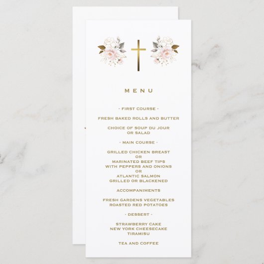 Rosa Blume Gold Cross Girl Taufe Menükarte (Vorne/Hinten)