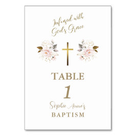 Rosa Blume Gold Cross Girl Taufe Tischnummer