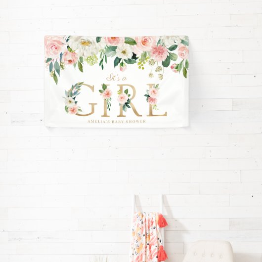 Rosa Blume Gold Es ist eine Girl Baby Dusche Banner (InSitu)