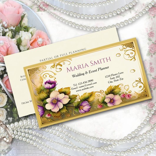 Rosa Blume Gold Filigree Event Planner Visitenkarte