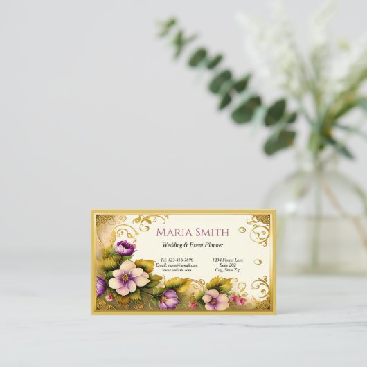 Rosa Blume Gold Filigree Event Planner Visitenkarte (Stehend Vorderseite)