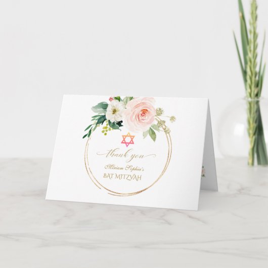 Rosa Blume Gold Foto Bat Mitzvah Dankeskarte (Vorderseite)