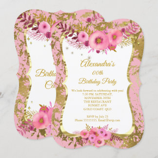 Rosa Blume Gold Geburtstagsparty 2 Einladung
