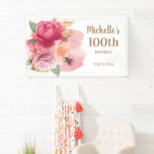 Rosa Blume Gold Glitzer 100. Geburtstagsparty Banner (Insitu)