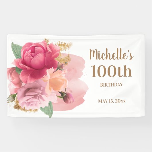 Rosa Blume Gold Glitzer 100. Geburtstagsparty Banner (Horizontal)