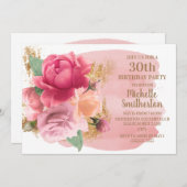 Rosa Blume Gold Glitzer 30. Geburtstag Party Einladung (Vorne/Hinten)