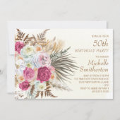 Rosa Blume Gold Glitzer Creme 50. Geburtstag Einladung (Vorderseite)