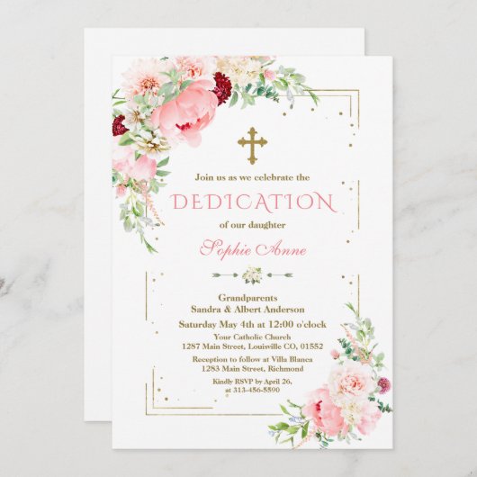 Rosa Blume Gold Glitzer Frame Dedication Einladung (Vorne/Hinten)