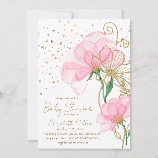 Rosa Blume Gold Glitzer Kinderdusche Einladung (Vorderseite)