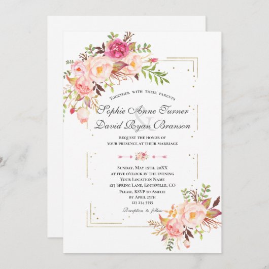 Rosa Blume Gold Glitzer Rahmen Hochzeit Einladung (Vorne/Hinten)