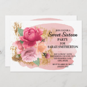 Rosa Blume Gold Glitzer Sweet 16 Geburtstagsparty Einladung