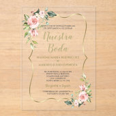 Rosa Blume Gold Spanische Nuestra Boda Kalligrafie Acryleinladungen (Vorderseite)