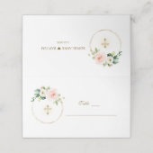 Rosa Blume Gold Taufe Tischnummer Platzkarte (Außenseite Aufgefaltet)