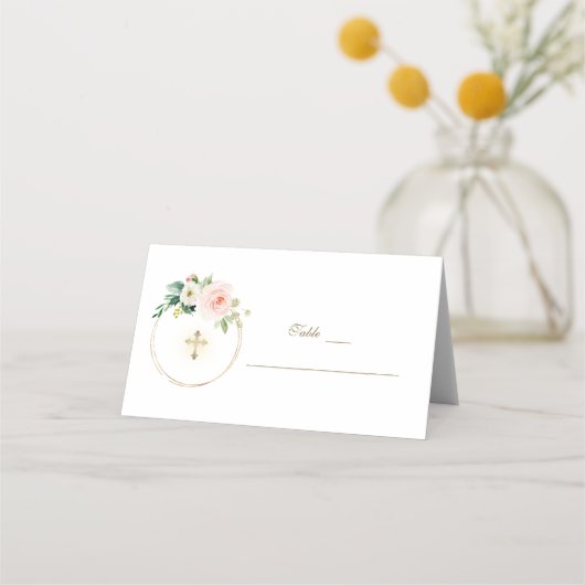 Rosa Blume Gold Taufe Tischnummer Platzkarte (Vorderseite)